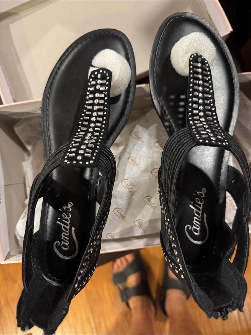 Candie's Black Rhinestone T-Strap Sandals